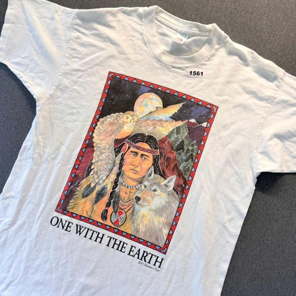 Vintage 1992 Human-i-Tees One With The Earth Wolf Owl Shirt XL White Made in USA